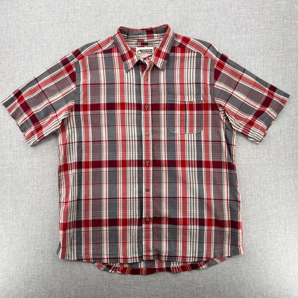 Mountain Khakis Plaid Short Sleeve Shirt Men Large Red Gray Western Outdoor GORP